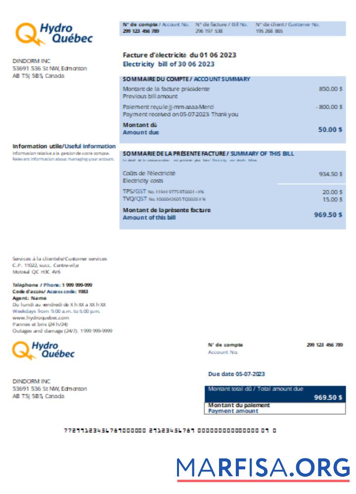 Blank Hydro Québec utility business bill, SCR example
